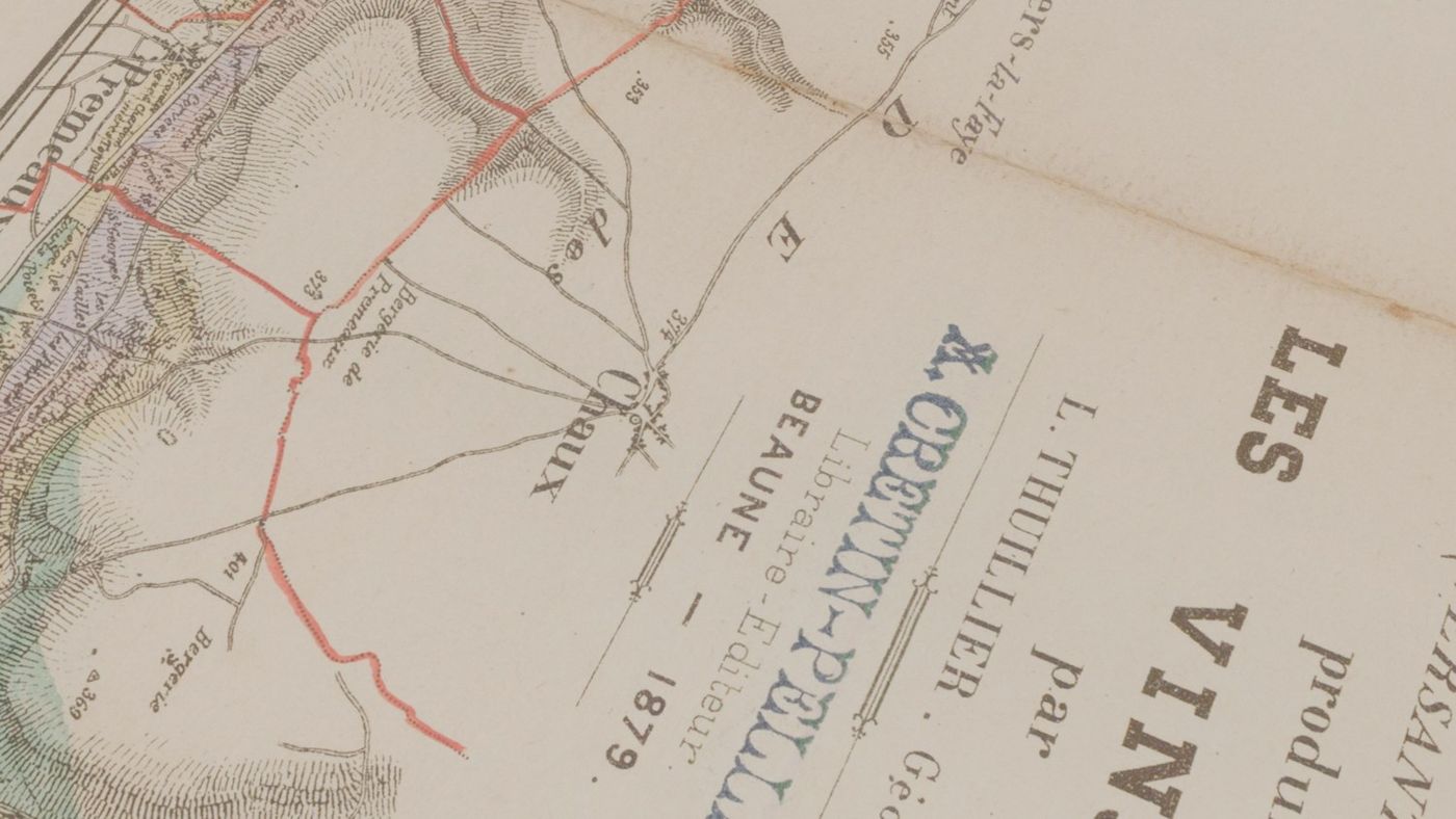 Close pass over the rare Cretin-Pellion imprint on the 1879 wine map
