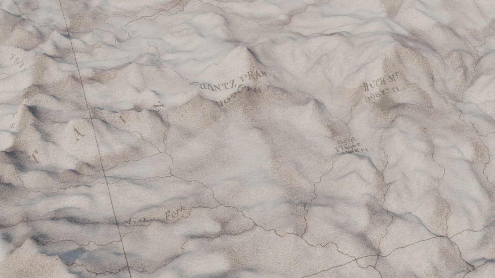 A 19th-century survey map rendered as 3D terrain, peaks rising from the engraved paper